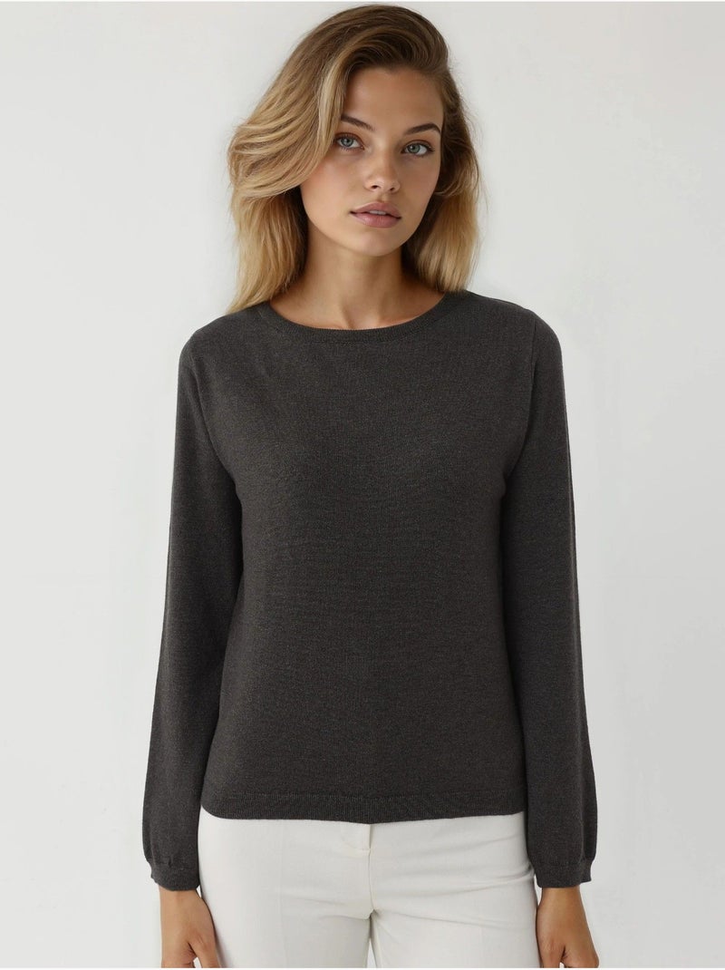 Pull en tricot à col rond Gris Noir - Kiabi