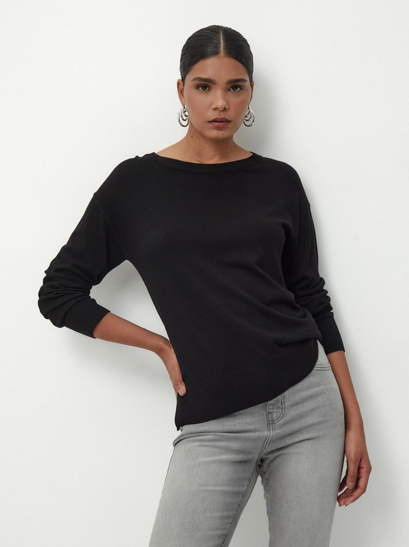 Pull en tricot à col rond Noir - Kiabi