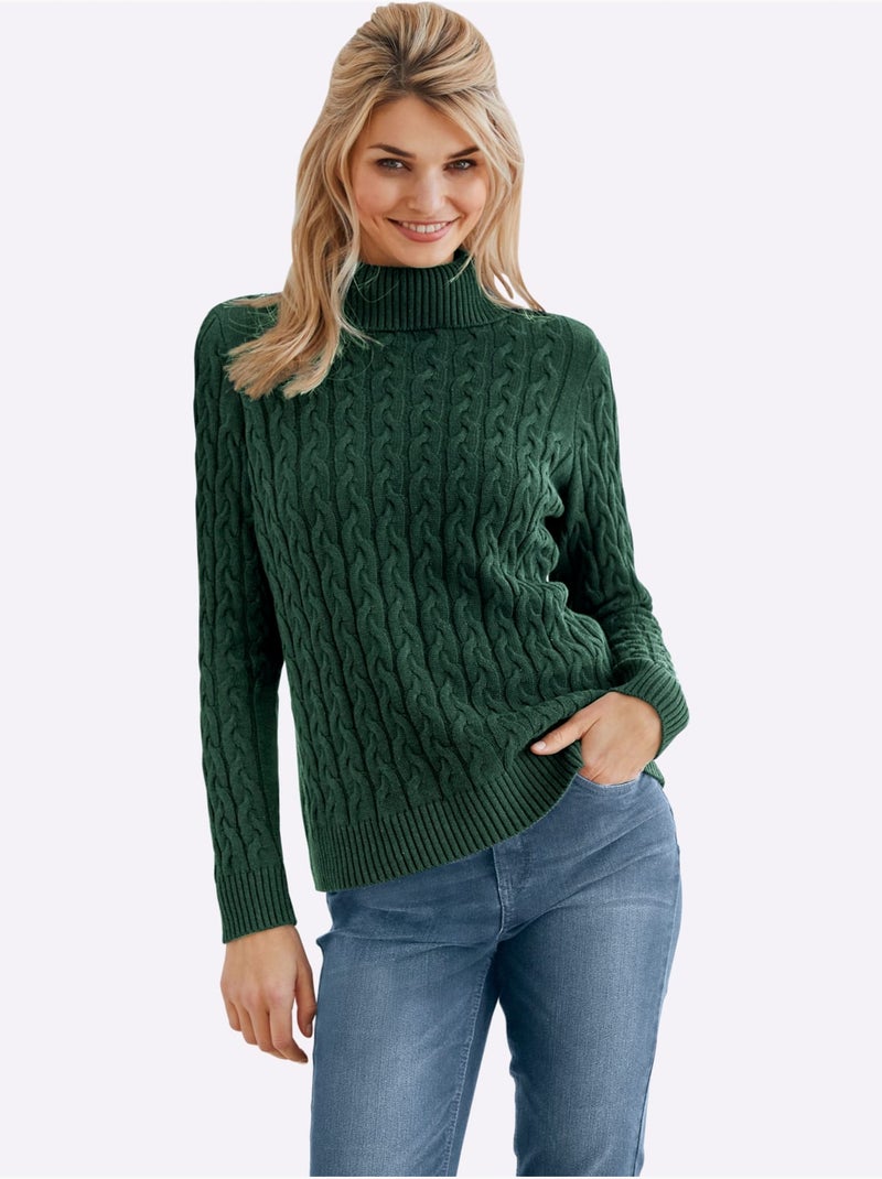 Pull en tricot à col roulé avec motif torsadé classique - taille standard - helline Beige/Vert - Kiabi