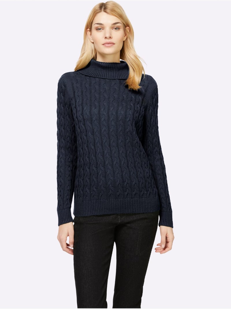 Pull en tricot à col roulé avec motif torsadé classique - taille standard - helline Bleu marine - Kiabi