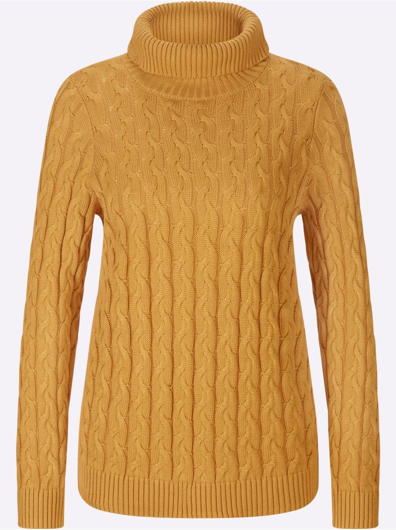 Pull en tricot à col roulé avec motif torsadé classique - Taille standard - Helline Ocre - Kiabi
