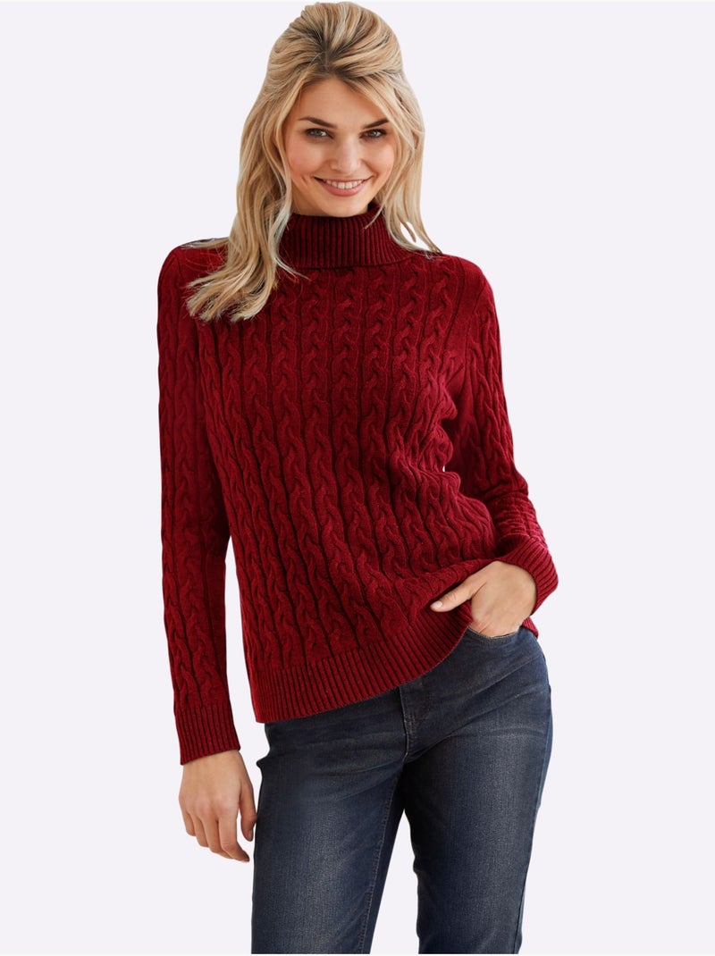 Pull en tricot à col roulé avec motif torsadé classique - taille standard - helline Rouge foncé - Kiabi