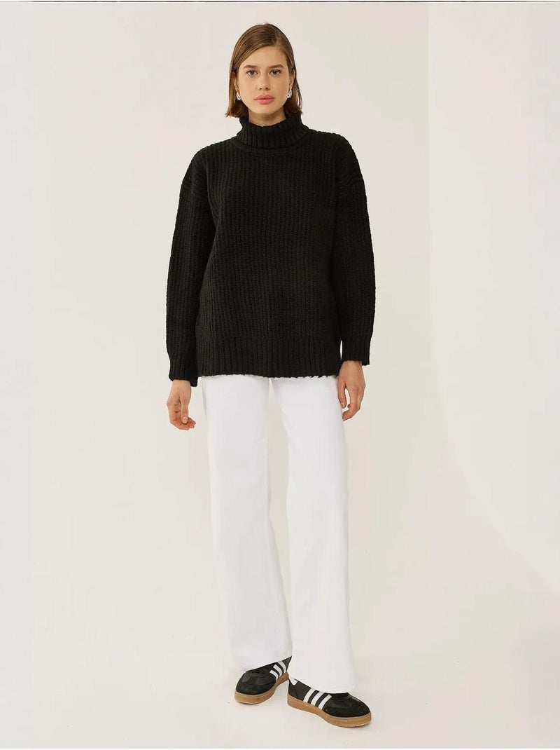 Pull en tricot à col roulé Noir - Kiabi