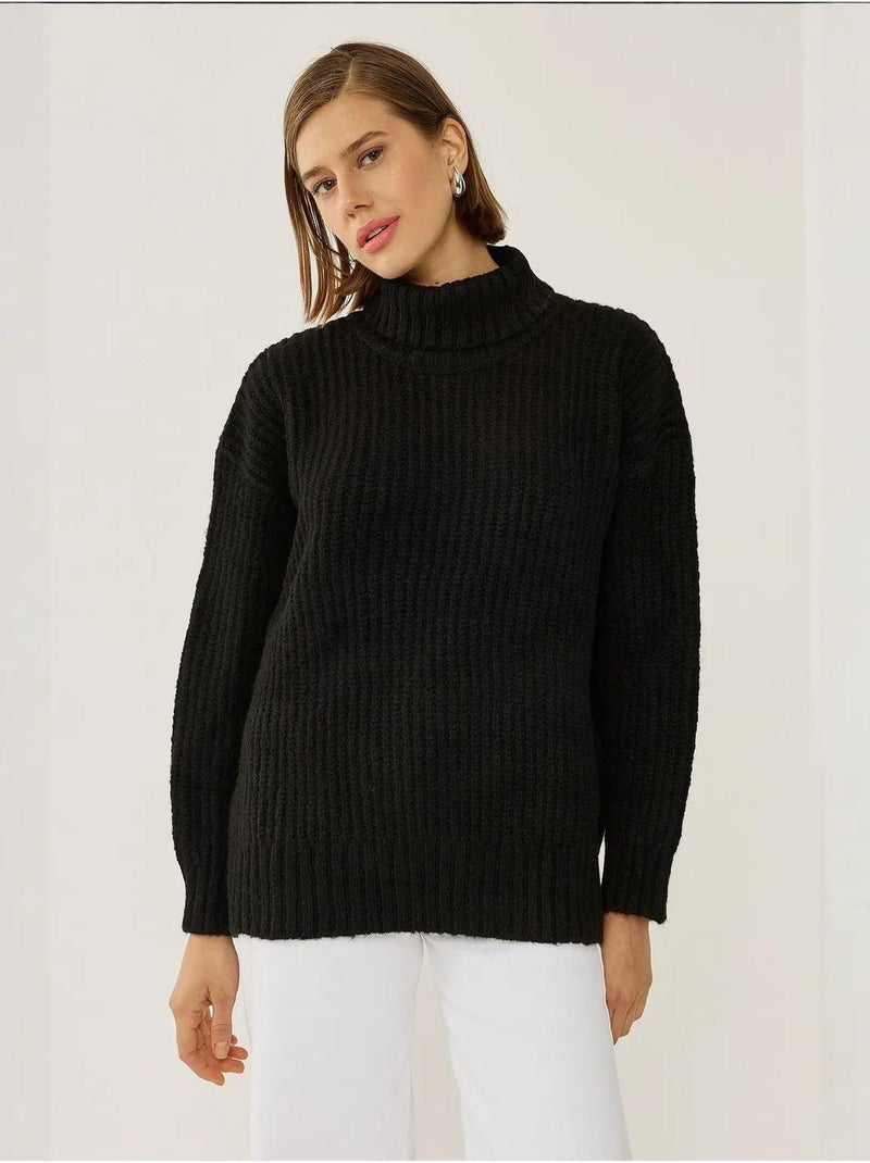 Pull en tricot à col roulé Noir - Kiabi