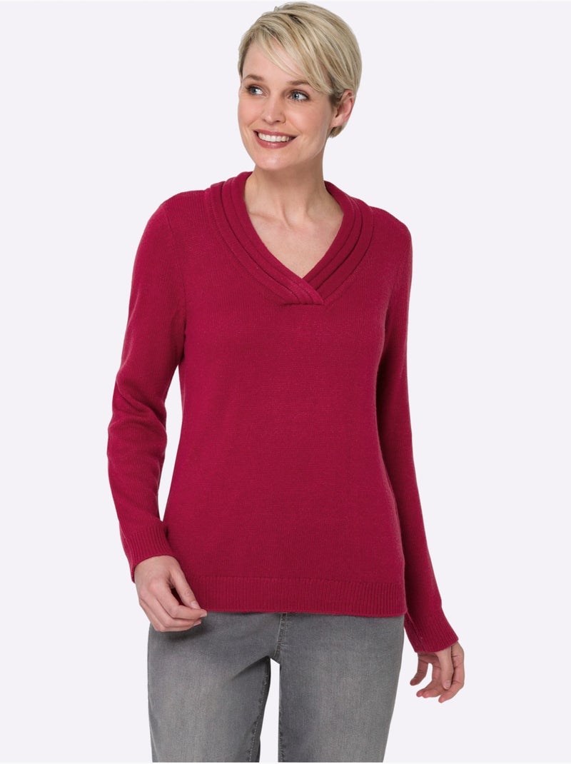 Pull en tricot à col v avec bords-côtes aux manches et ourlet - taille standard - moda vilona Framboise - Kiabi