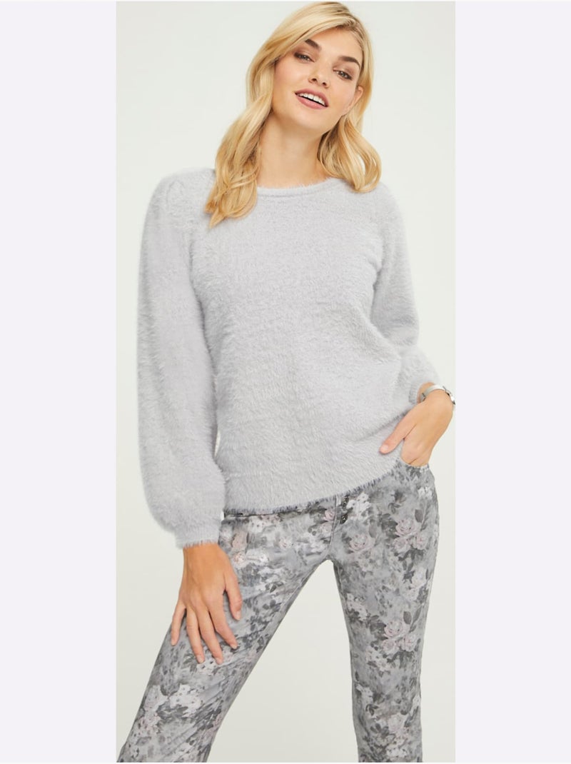 Pull en tricot à encolure ronde avec manches larges et doux - taille standard - helline Gris clair - Kiabi