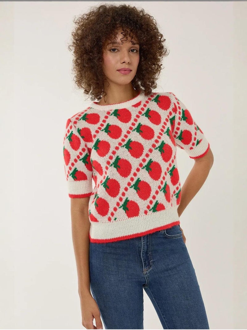 Pull en tricot à manches courtes à motifs Rouge - Kiabi