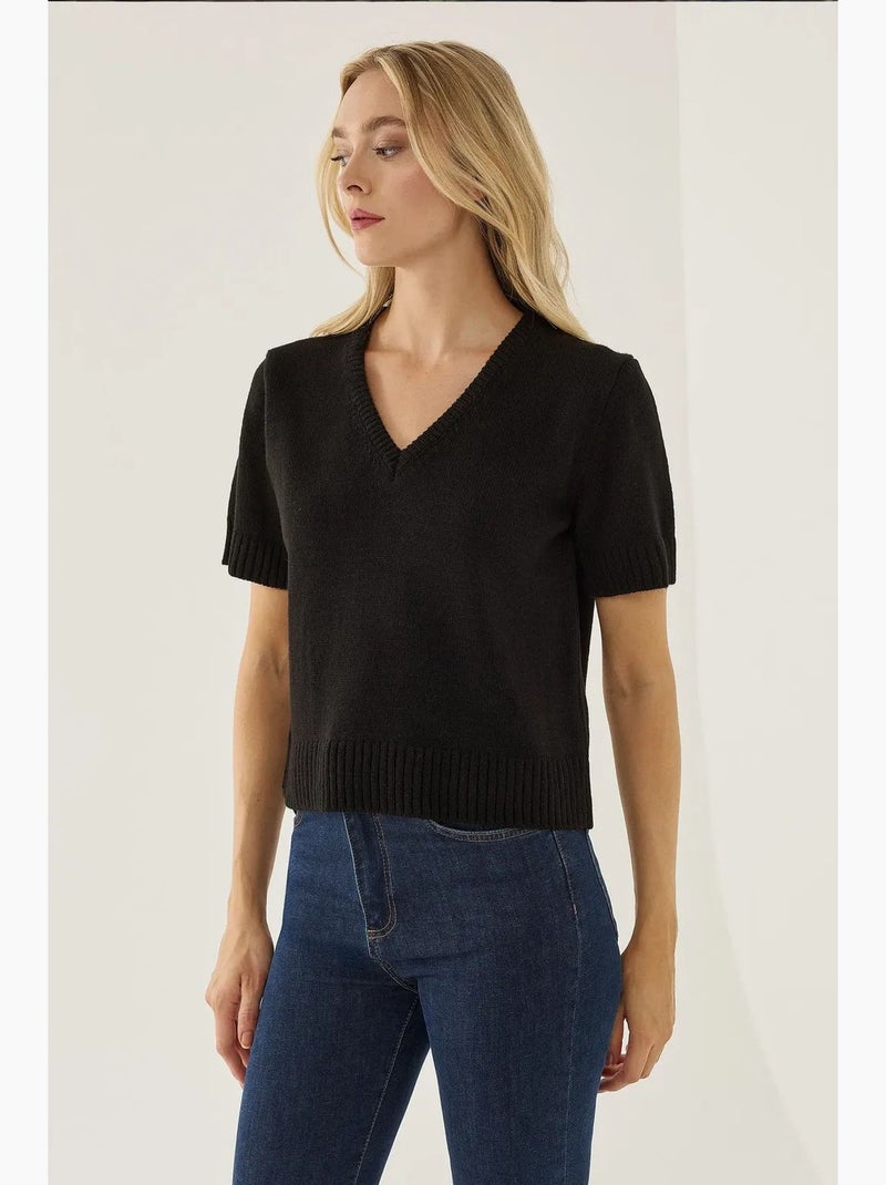Pull en tricot à manches courtes et col en v hiccup Noir - Kiabi