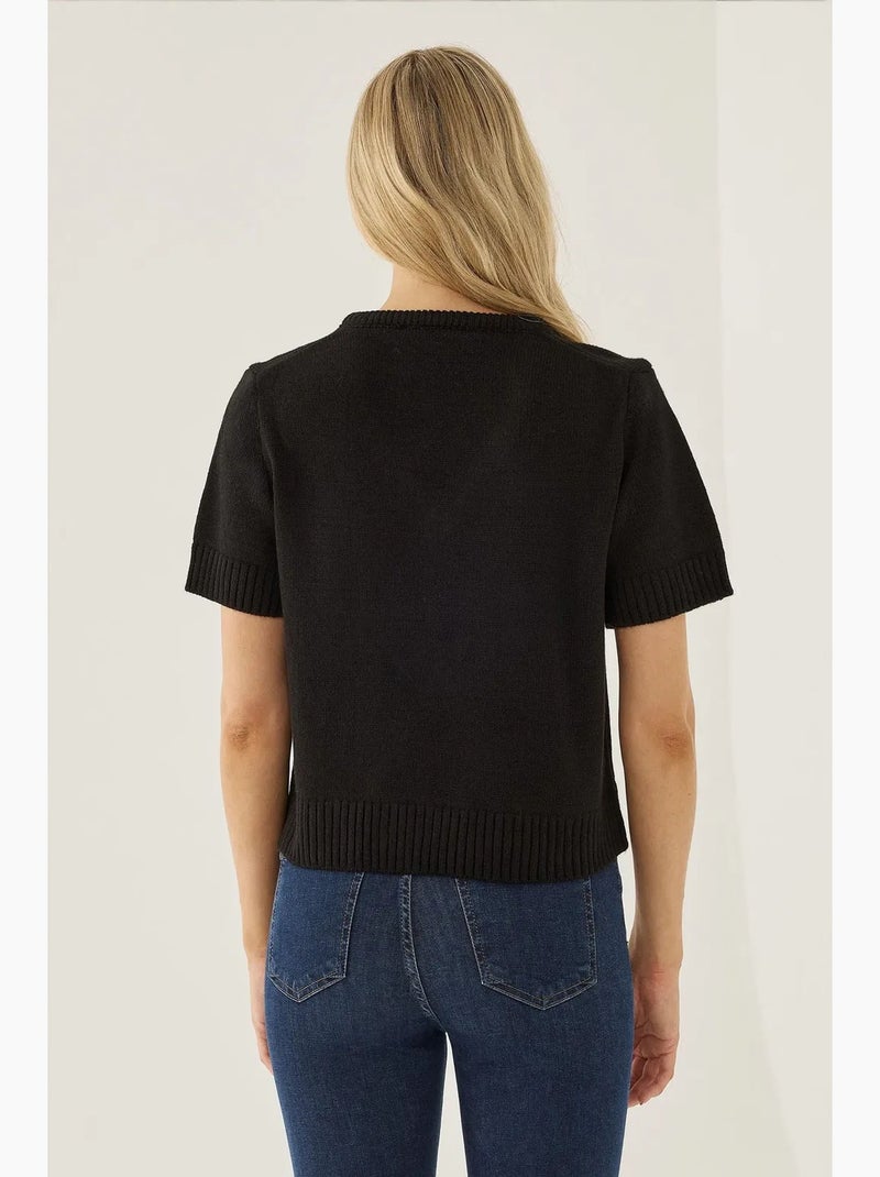 Pull en tricot à manches courtes et col en v hiccup Noir - Kiabi