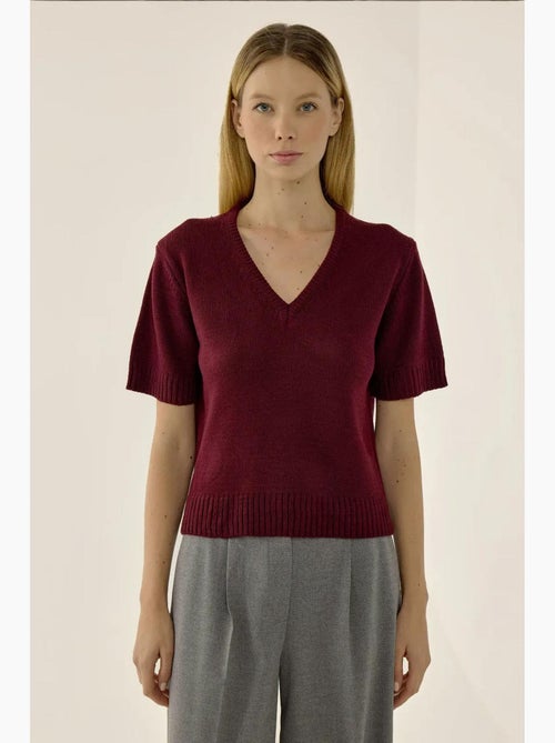 Pull en tricot à manches courtes et col en v hiccup - Kiabi Pull en tricot à manches courtes et col en v hiccup - Kiabi