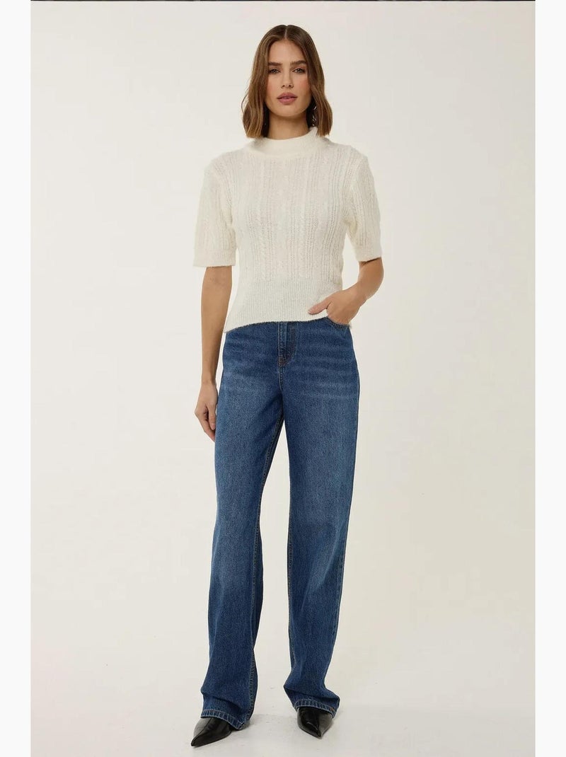 Pull en tricot à manches courtes et demi-col roulé avec tresses hiccup Beige naturel - Kiabi
