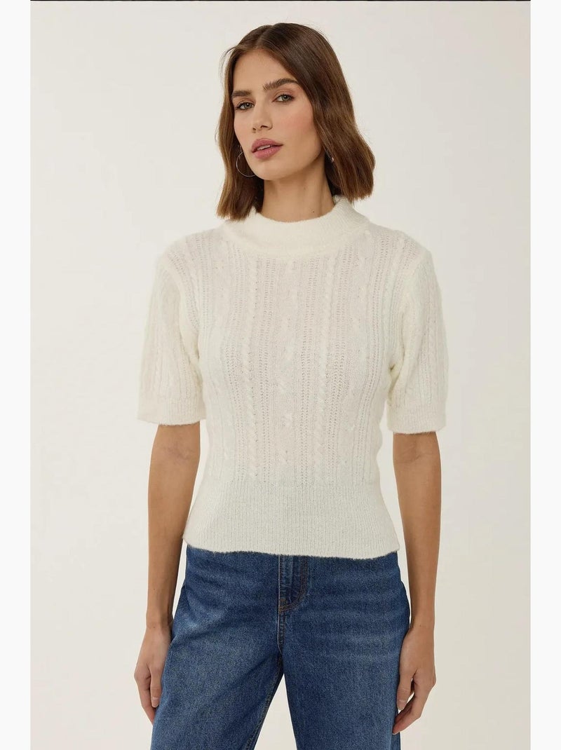 Pull en tricot à manches courtes et demi-col roulé avec tresses hiccup Beige naturel - Kiabi