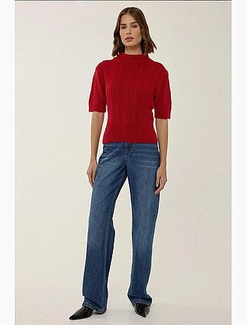 Pull en tricot à manches courtes et demi-col roulé avec tresses hiccup