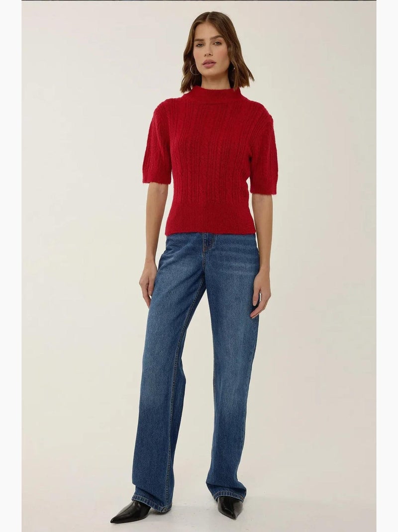 Pull en tricot à manches courtes et demi-col roulé avec tresses hiccup Rouge - Kiabi