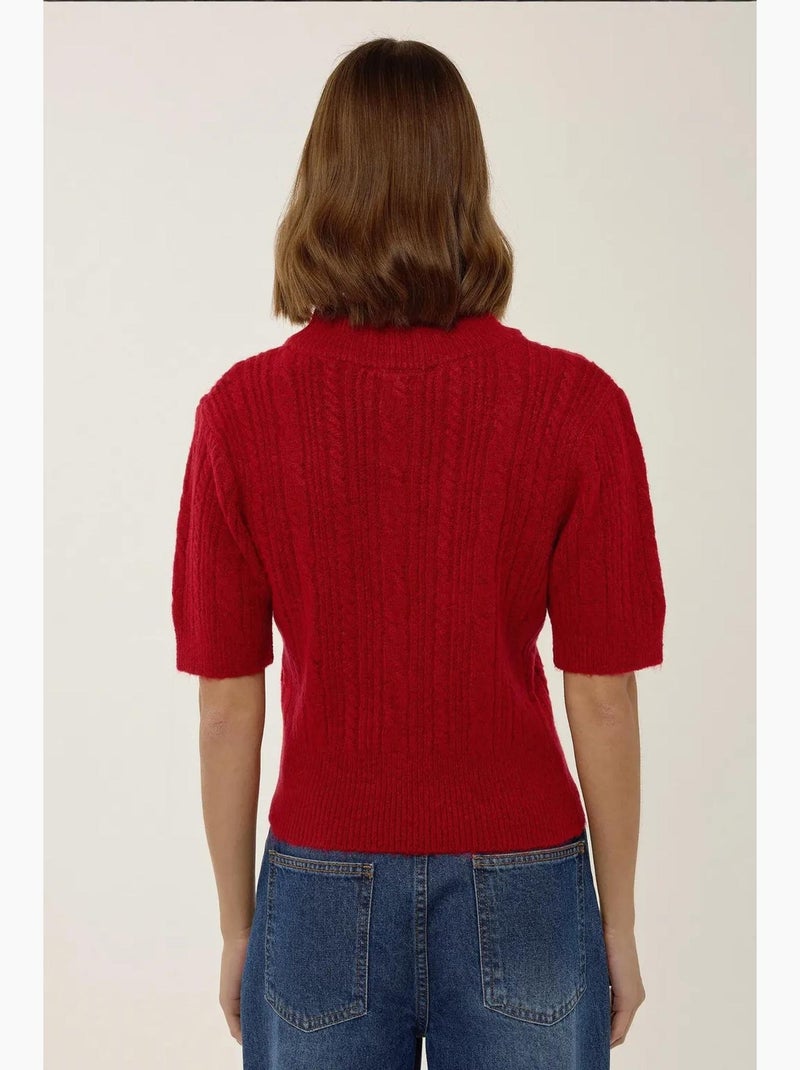 Pull en tricot à manches courtes et demi-col roulé avec tresses hiccup Rouge - Kiabi