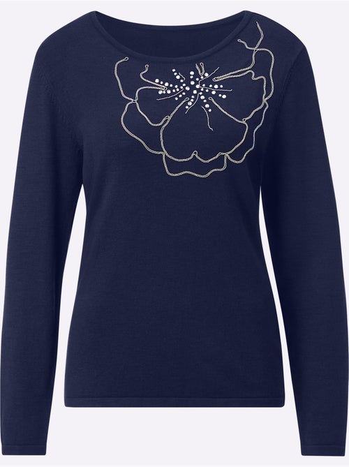 Pull en tricot à motif floral placé et manches longues - Taille standard - Helline - Kiabi Pull en tricot à motif floral placé et manches longues - Taille standard - Helline - Kiabi