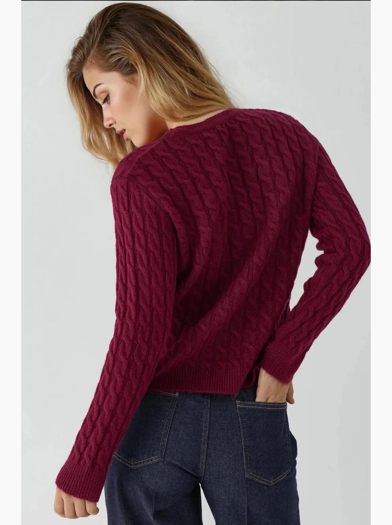 Pull en tricot à tresses épaisses et col ras du cou hiccup Rouge bordeaux - Kiabi