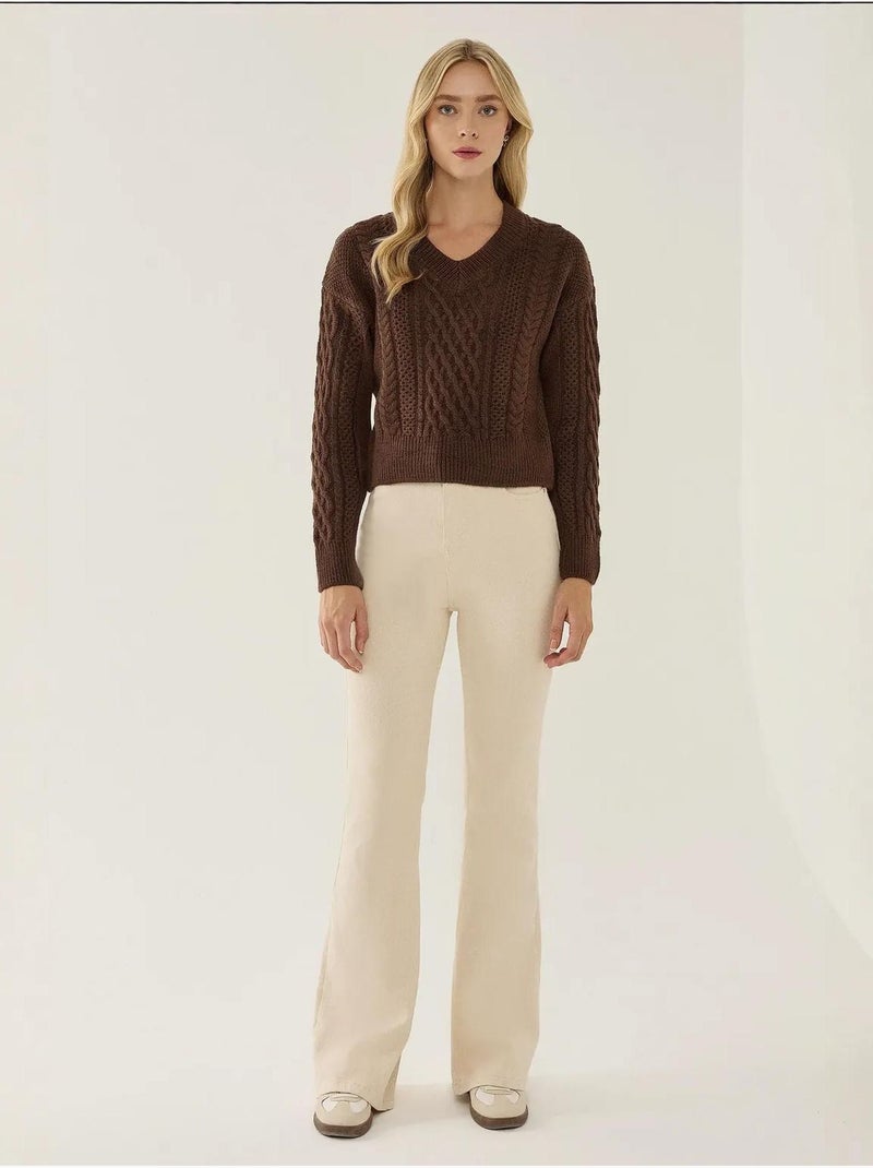 Pull en tricot à tresses et col en V Marron - Kiabi