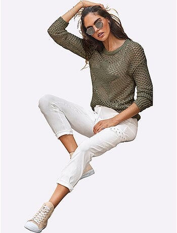Pull en tricot ajouré à encolure ronde et manches longues - Taille standard - Helline