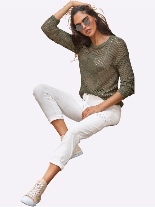 Pull en tricot ajouré à encolure ronde et manches longues - Taille standard - Helline - Kiabi