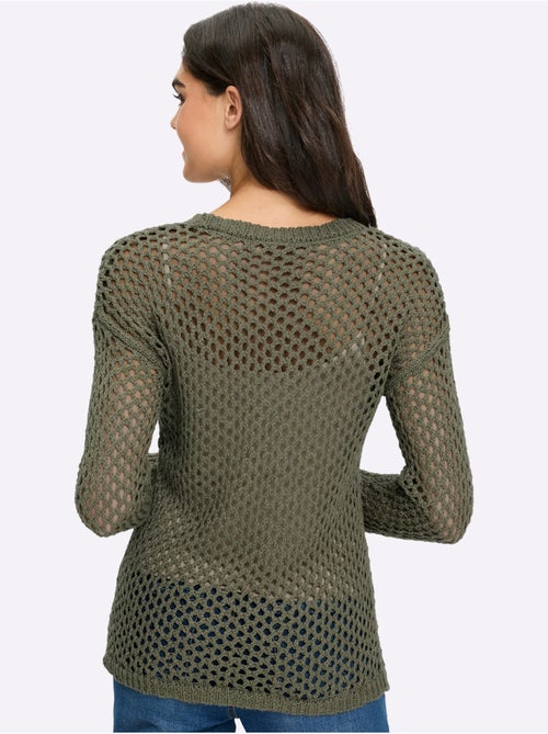 Pull en tricot ajouré à encolure ronde et manches longues - Taille standard - Helline - Kiabi