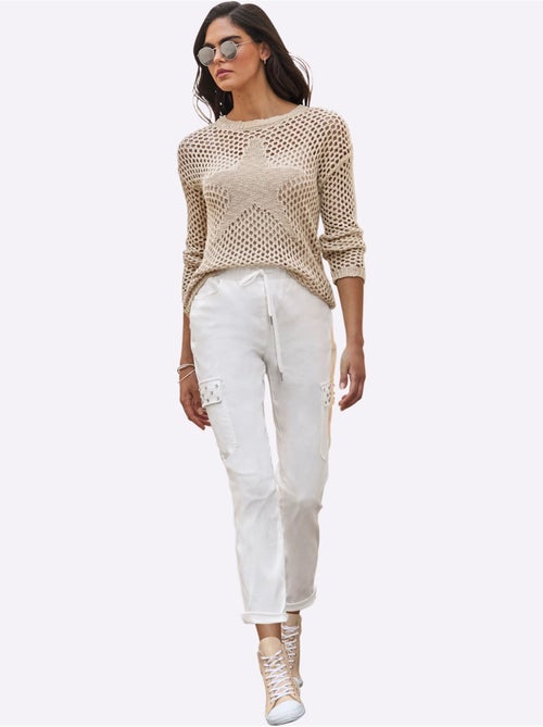 Pull en tricot ajouré à encolure ronde et manches longues - Taille standard - Helline - Kiabi