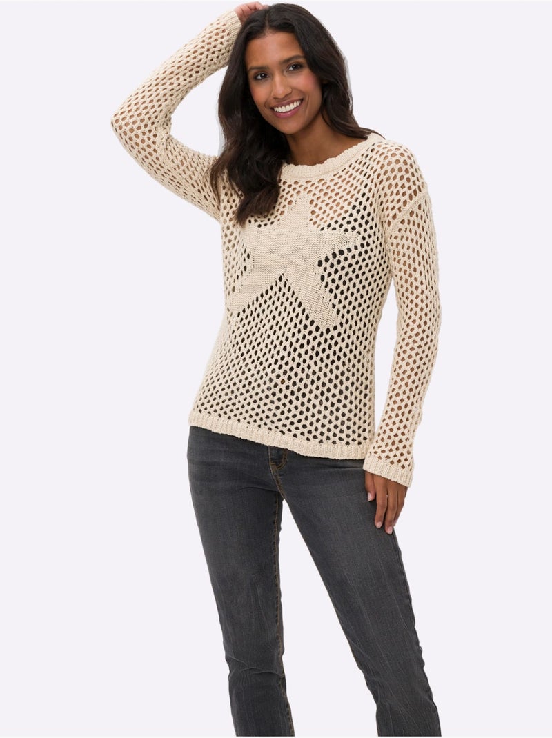 Pull en tricot ajouré à encolure ronde et manches longues - Taille standard - Helline Sable - Kiabi