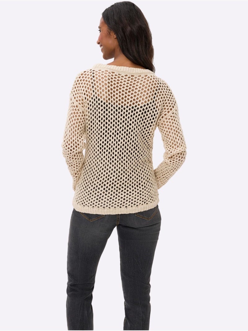 Pull en tricot ajouré à encolure ronde et manches longues - Taille standard - Helline Sable - Kiabi