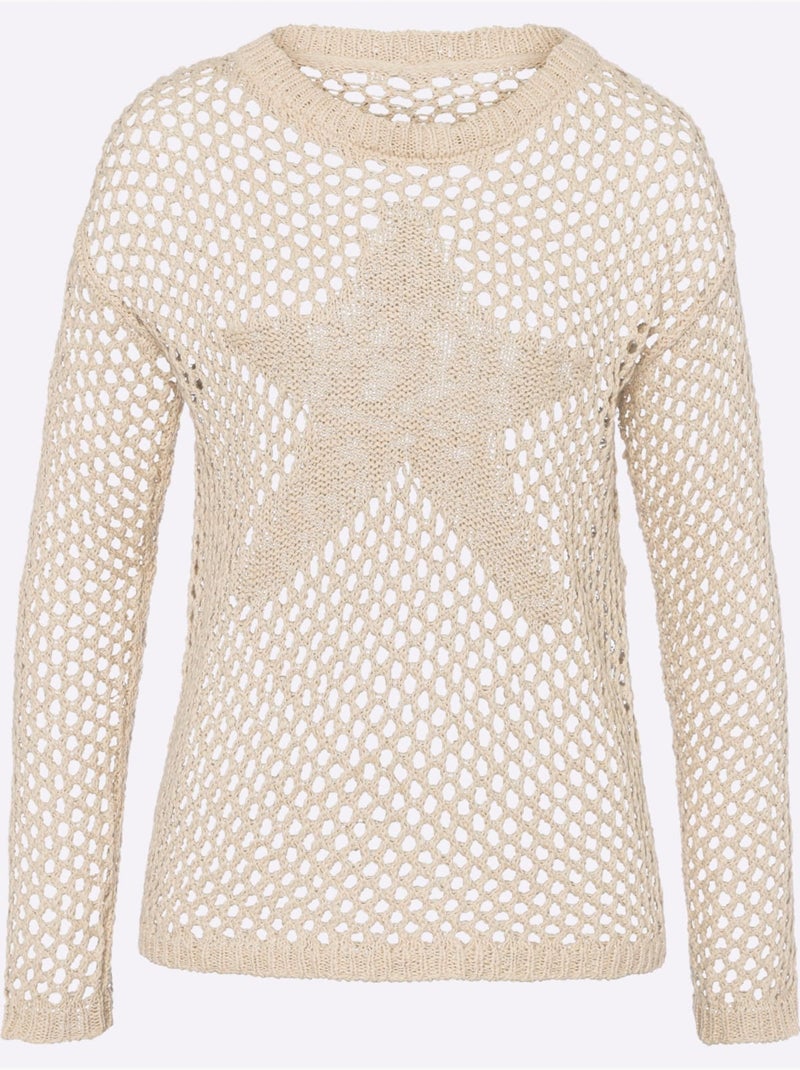 Pull en tricot ajouré à encolure ronde et manches longues - Taille standard - Helline Sable - Kiabi