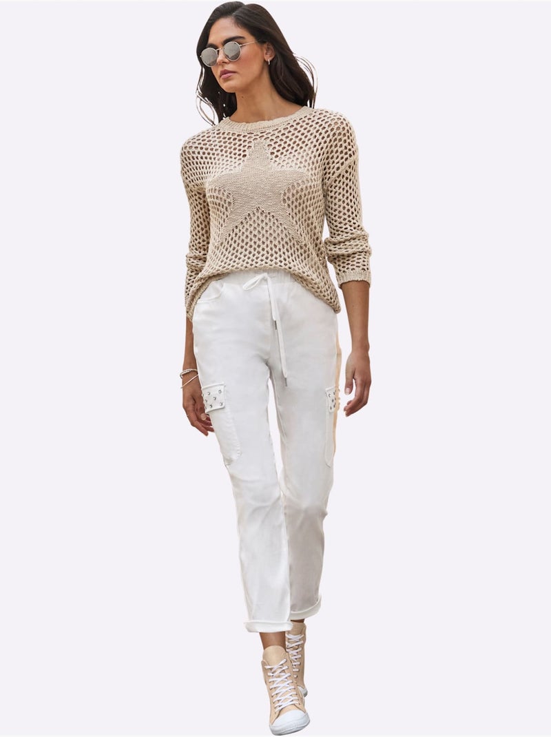 Pull en tricot ajouré à encolure ronde et manches longues - Taille standard - Helline Sable - Kiabi