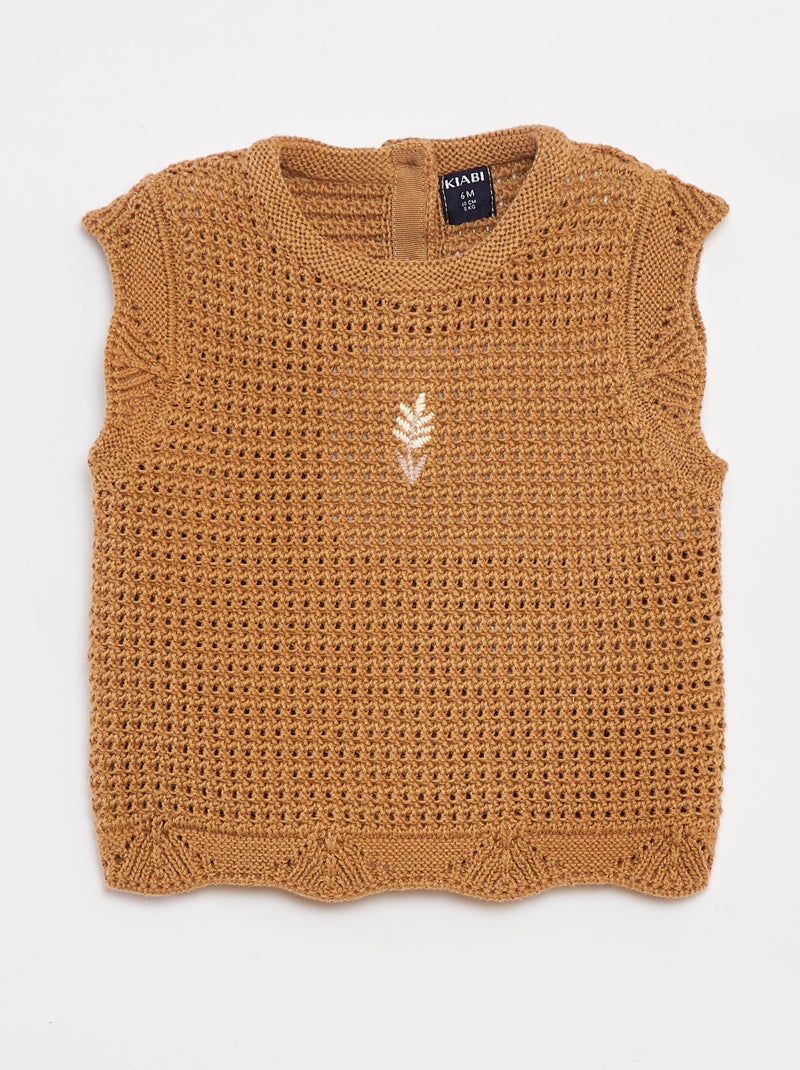 Pull en tricot avec broderies à fleurs Beige - Kiabi