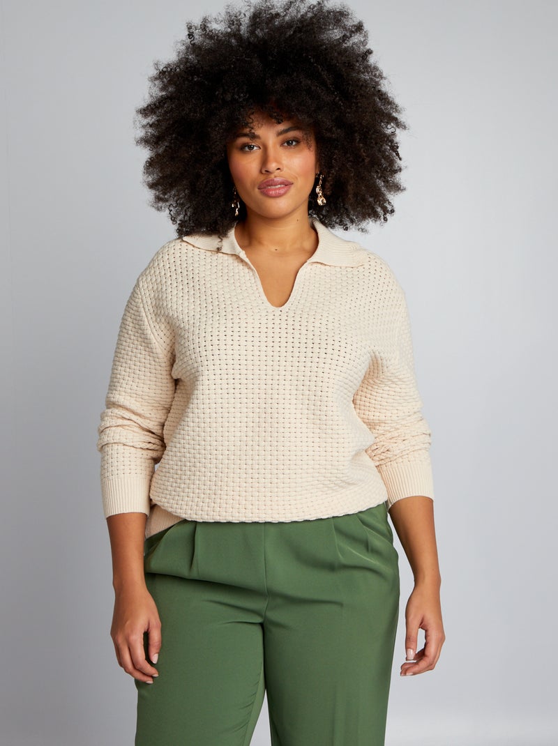 Pull en tricot avec col V Beige - Kiabi