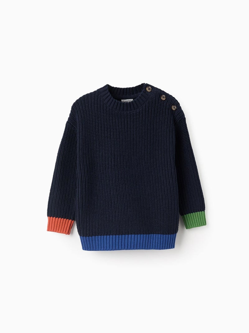 Pull en Tricot avec des Détails Colorés Bleu foncé - Kiabi
