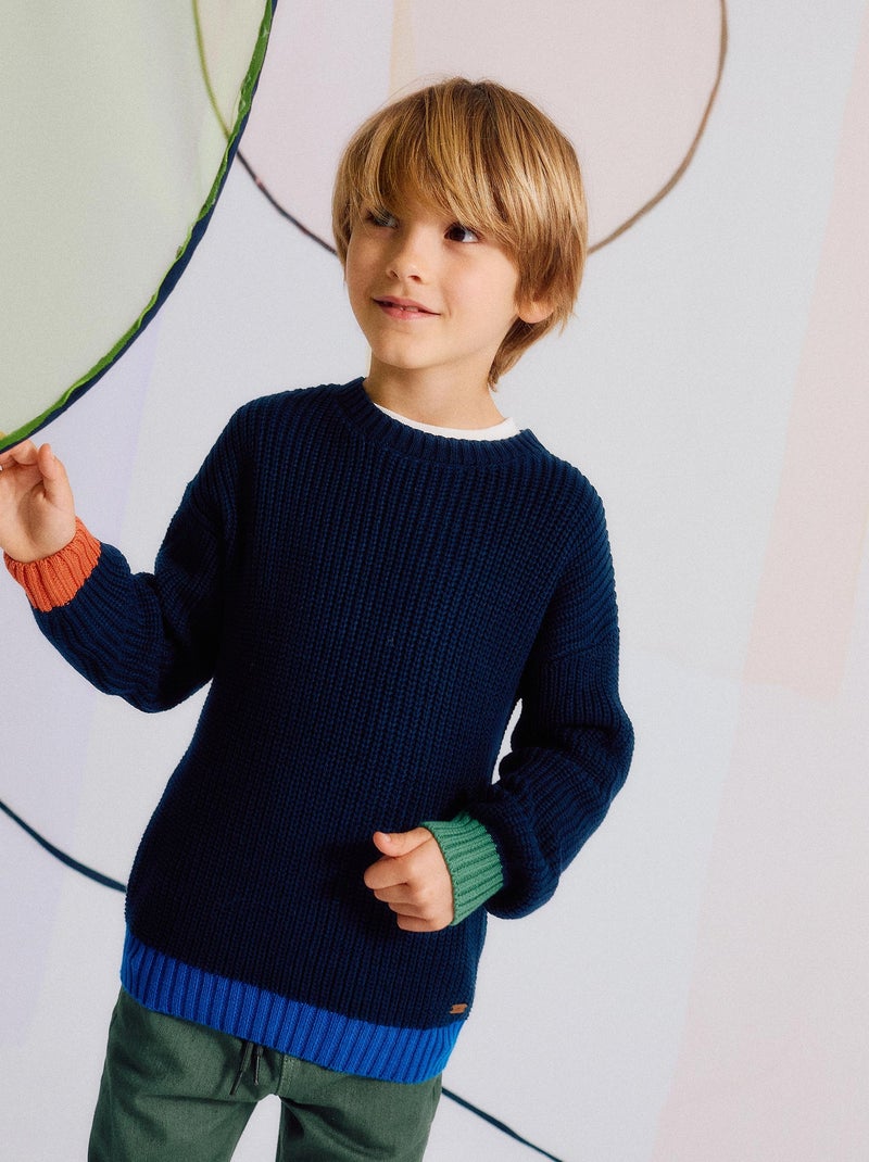 Pull en Tricot avec des Détails Colorés Bleu foncé - Kiabi