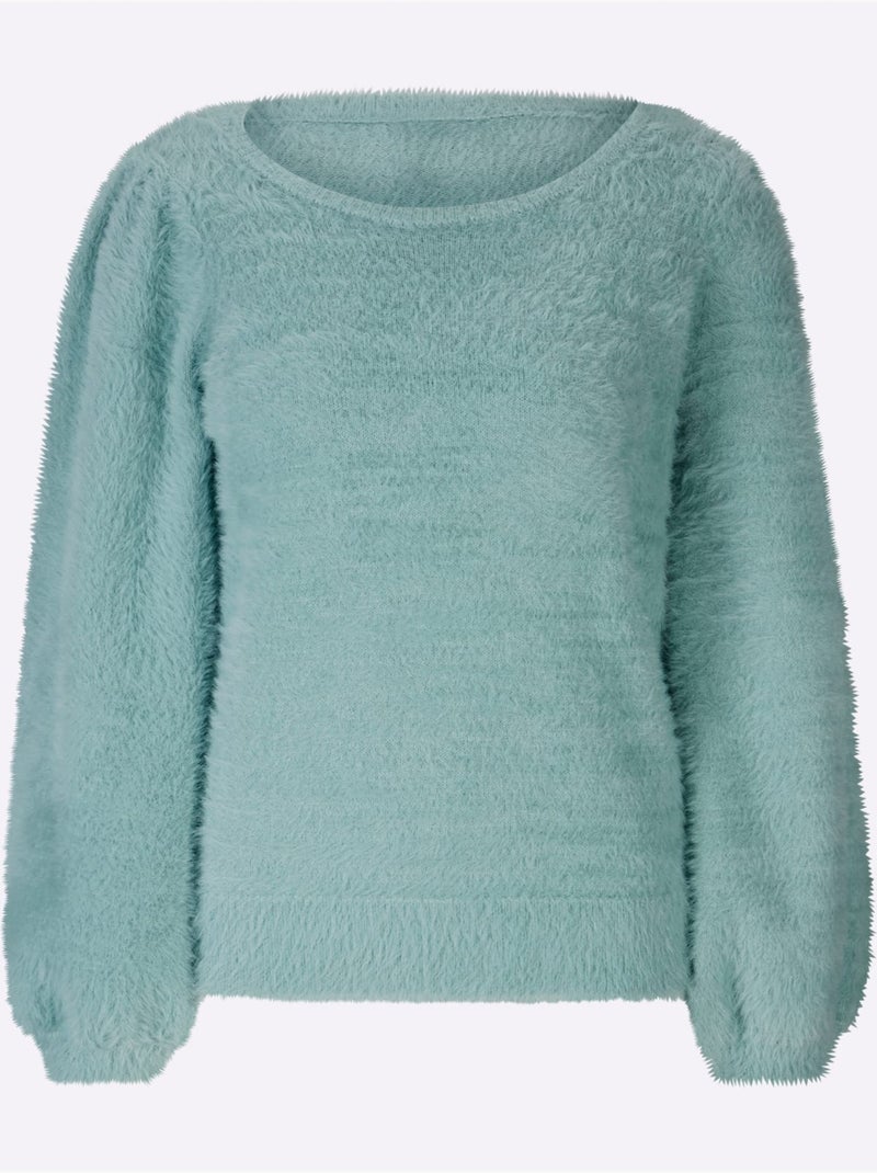 Pull en tricot avec encolure ronde et manches larges à bords-côtes - Taille standard - Helline Menthe - Kiabi