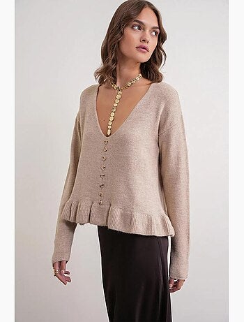Pull en tricot boutonné à col en v et à volants mixray