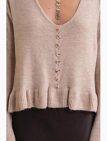 Pull en tricot boutonné à col en v et à volants mixray