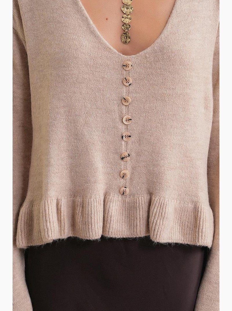Pull en tricot boutonné à col en v et à volants mixray Beige argile - Kiabi