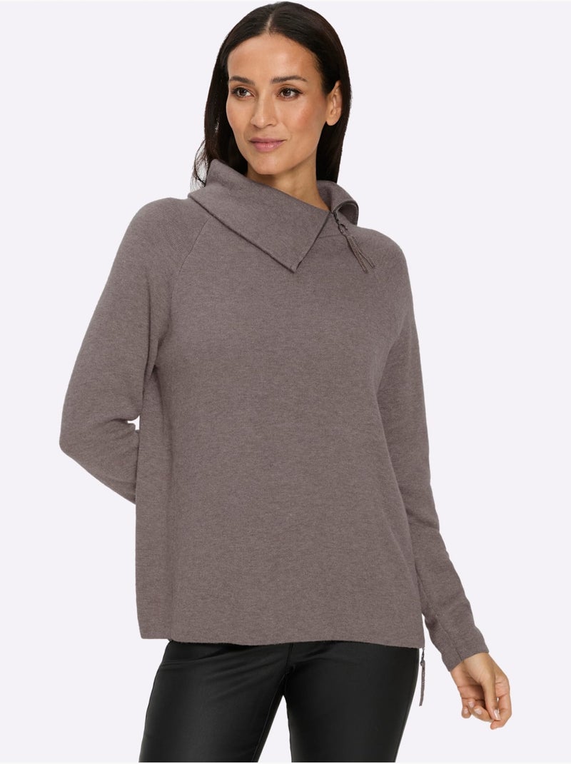 Pull En Tricot Col à Revers Avec Glissière - Taille Standard - Helline Gris taupe - Kiabi