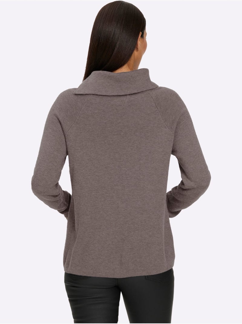 Pull En Tricot Col à Revers Avec Glissière - Taille Standard - Helline Gris taupe - Kiabi