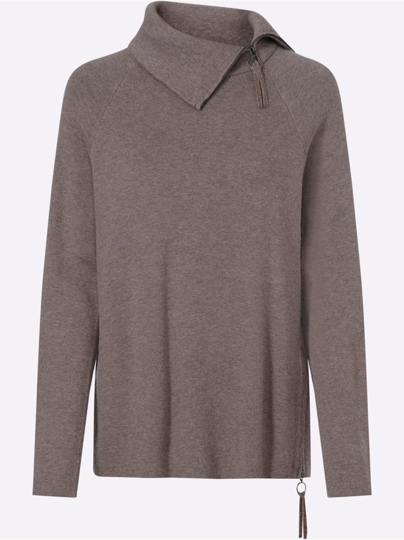 Pull En Tricot Col à Revers Avec Glissière - Taille Standard - Helline Gris taupe - Kiabi