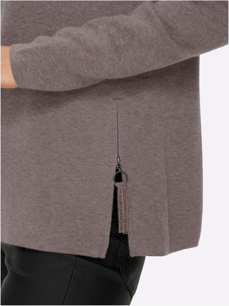 Pull En Tricot Col à Revers Avec Glissière - Taille Standard - Helline Gris taupe - Kiabi