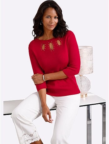 Pull en tricot col en U avec découpes goutte et pierres - Taille standard - Witt