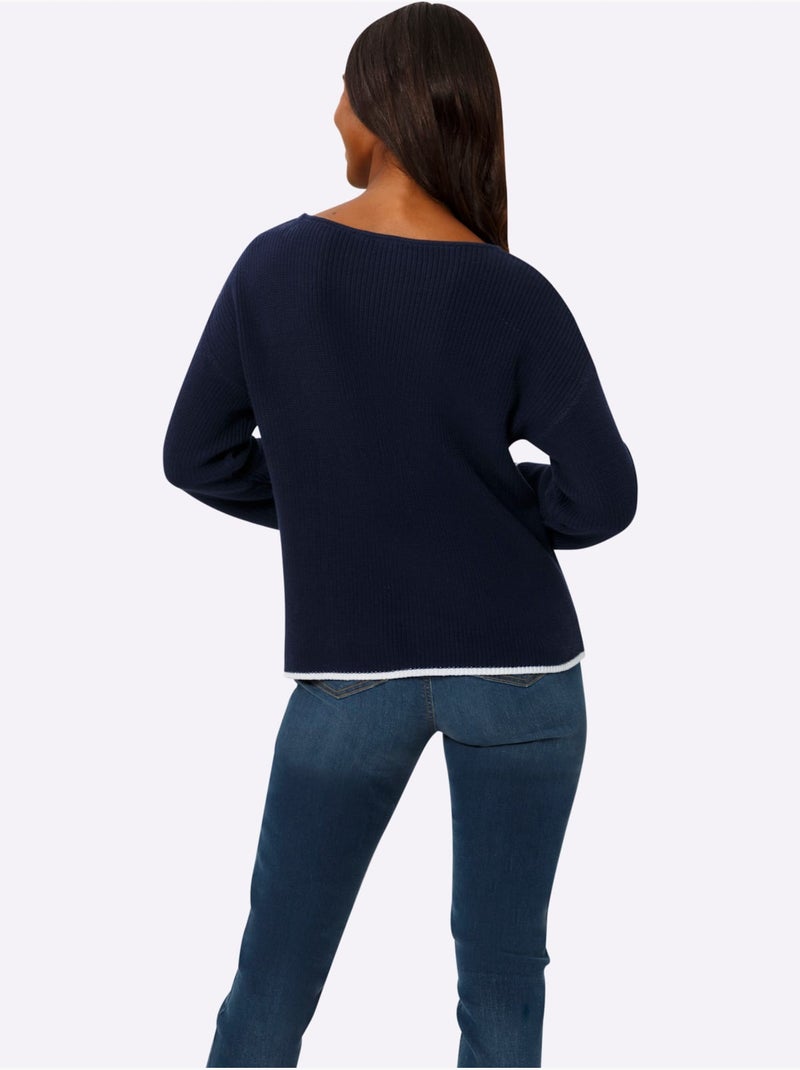 Pull En Tricot Encolure En U Discrète - Taille Standard - Helline Bleu marine - Kiabi