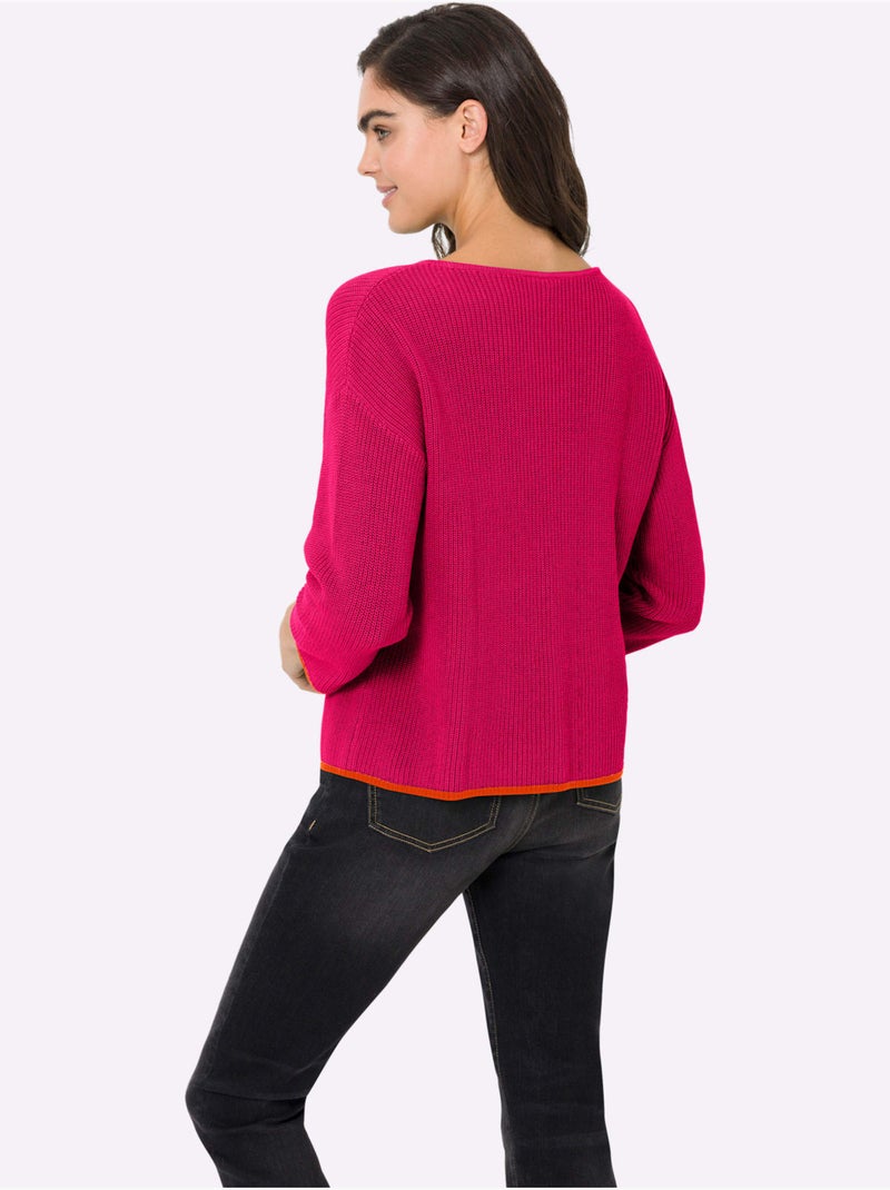 Pull En Tricot Encolure En U Discrète - Taille Standard - Helline Rose fushia - Kiabi