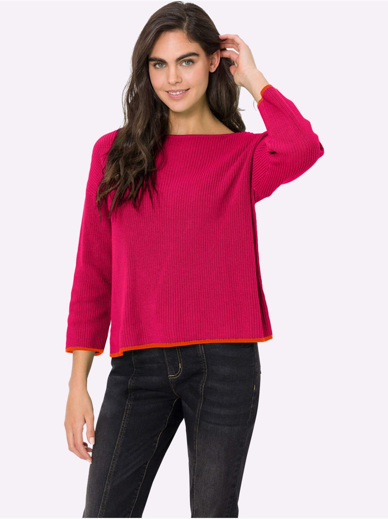 Pull En Tricot Encolure En U Discrète - Taille Standard - Helline Rose fushia - Kiabi