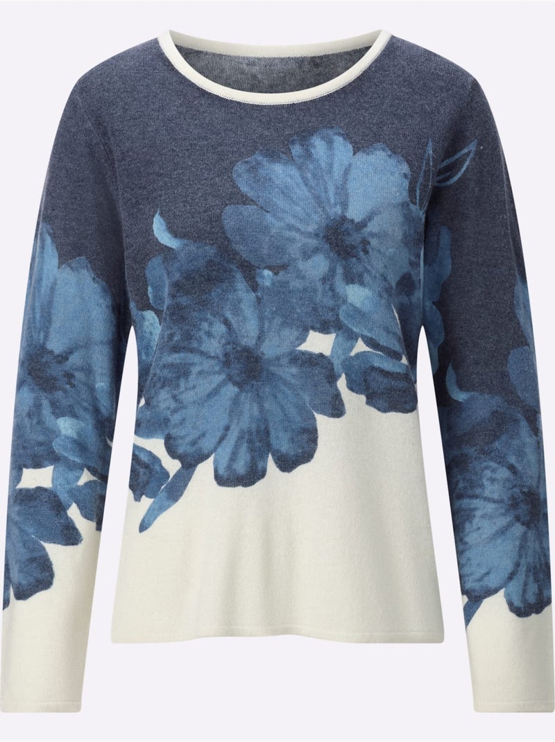 Pull En Tricot Fin 30% Laine - Taille Standard - Helline Blanc Bleu - Kiabi