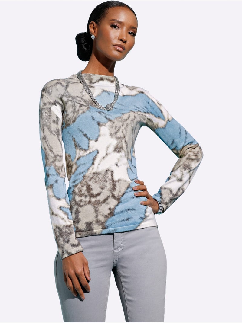 Pull En Tricot Fin 30% Lyocell - Taille Standard - Helline Bleu Ecru - Kiabi