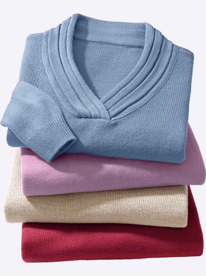 Pull en tricot fin à col v bord roulé et manches longues - taille standard - moda vilona Bleu - Kiabi
