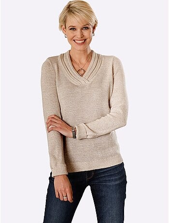 Pull en tricot fin à encolure en v avec bords-côtes - taille standard - moda vilona